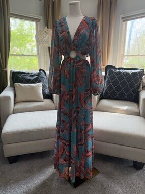 Flying Tomato Teal and Floral Cutout Maxi Dress